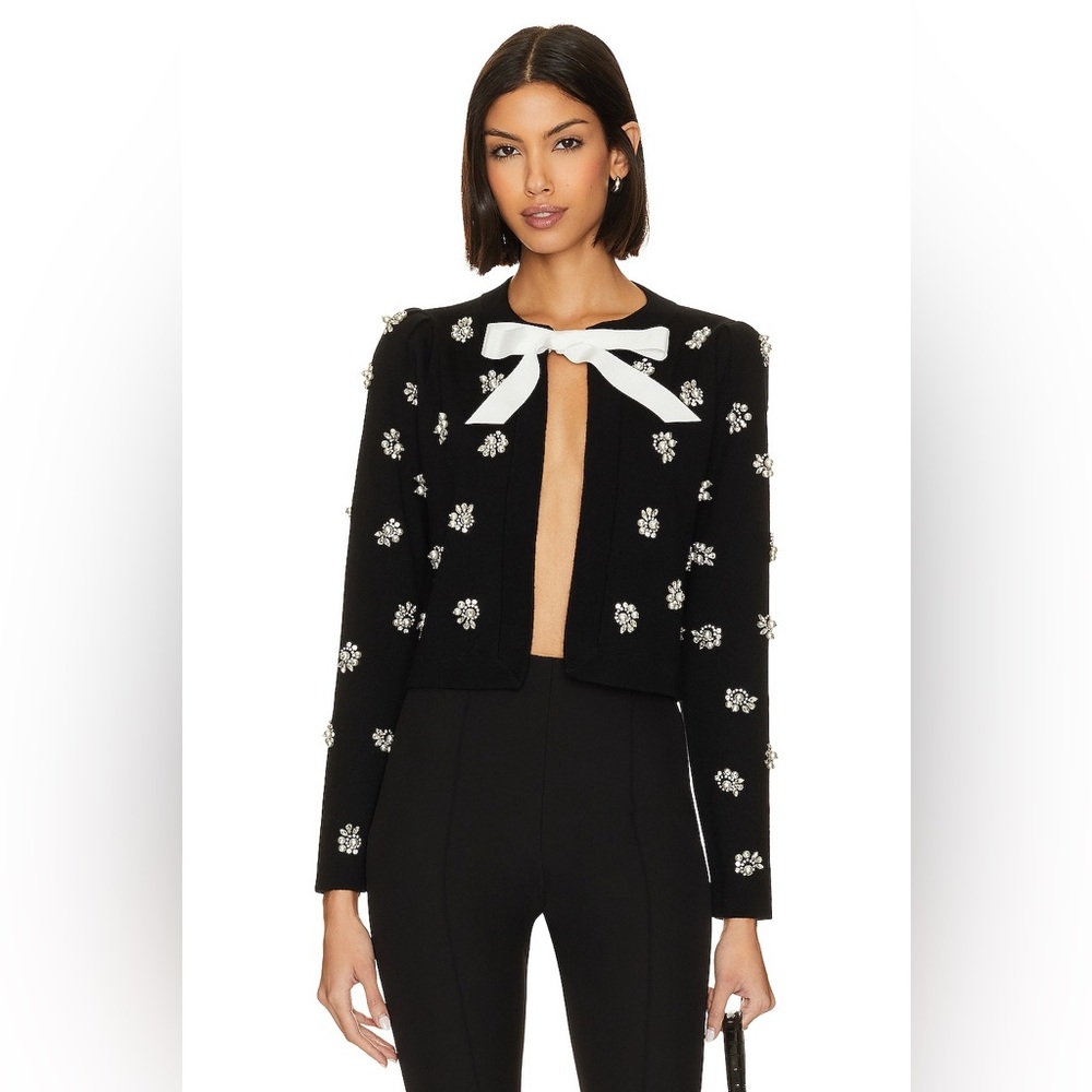 W/ Tags Alice + Olivia Trina Embellished Puff Sleeve Cropped Cardigan Sweater L